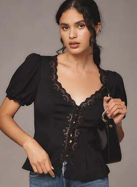 Reformation Black Lace Trim Puff Sleeve Peplum Blouse Top Size 6